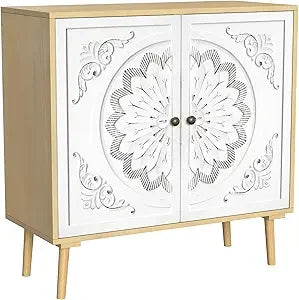 Accent Cabinet with 2 Doors, Carved Decorative Sideboard with Adjustable Shelf, Free-Standing Wood  Cabinet for