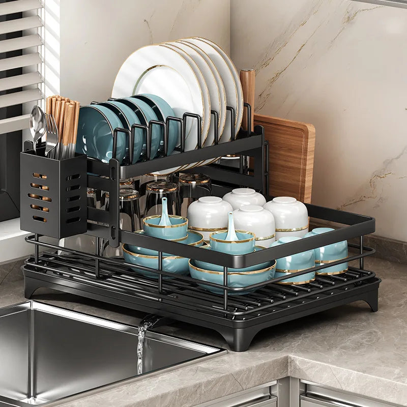 Stainless Steel Dish Drying Rack Adjustable Kitchen Plate Organizer with Drainboard Over Sink Plate Drainer Storage Organizer
