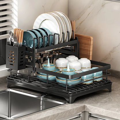 Stainless Steel Dish Drying Rack Adjustable Kitchen Plate Organizer with Drainboard Over Sink Plate Drainer Storage Organizer