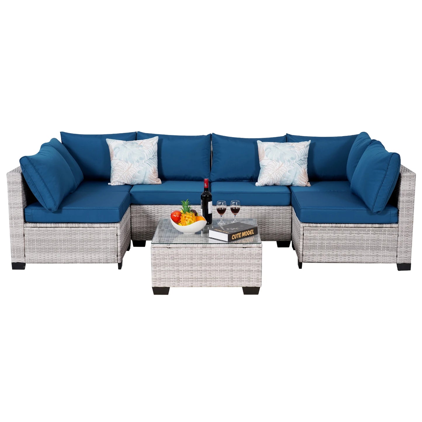 Outdoor Patio Furniture, 7 Piece Outdoor Sectional Sofa PE Rattan Wicker Patio Conversation Sets with Thick Cushions