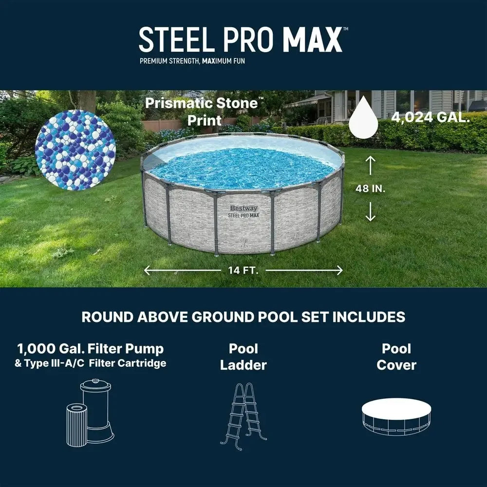 Steel Pro MAX 14 x 48 Above Ground Pool, Round Metal Frame Outdoor Swimming Pool Set with Filter Pump, Ladder, and Cover, Gray