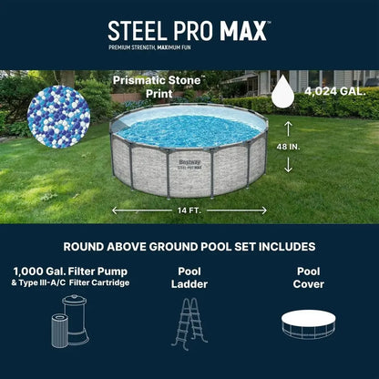 Steel Pro MAX 14 x 48 Above Ground Pool, Round Metal Frame Outdoor Swimming Pool Set with Filter Pump, Ladder, and Cover, Gray
