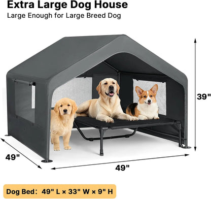 Large Dog House Outdoor with Elevated Bed, Weatherproof Pet Tent Shelter 4.1x4.1x3.3ft for Dogs Cats, Grey