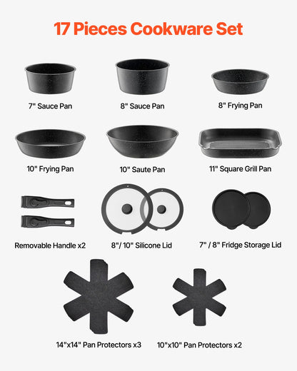 VEVOR 17 Pcs Nonstick Cookware Set Granite Pots and Pans Set Induction Cookwares Kitchen Cooking Set with Frying Sauce Saute Pan