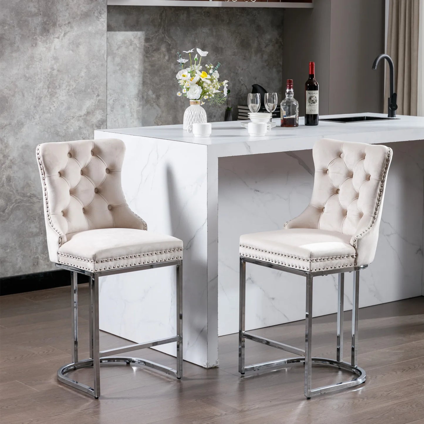 2Pcs 26" Counter Height Dining Chairs Upholstered Soft Backrest Cushions Chairs Bar Stools For  Kitchen Dining Room