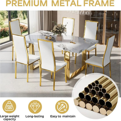 Modern Dining Chairs Set of 4 White Faux Leather with Chrome Gold Metal Legs, Curved High Back Design & Cloud Cushioning, Mid-Ce