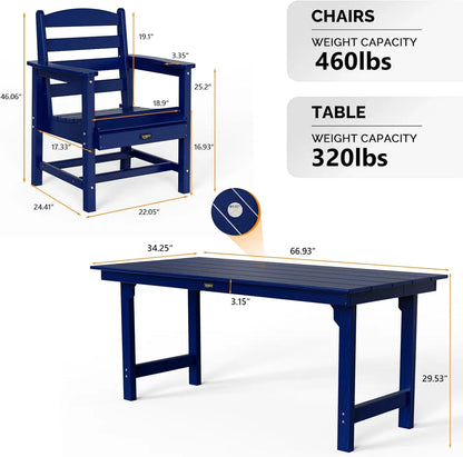7-Piece Outdoor Patio Dining Set, HDPE All-Weather Rectangular Table with Umbrella Hole & 6 Patio Dining Chairs, Durable Patio