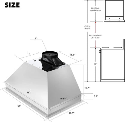 30/36 Inch Insert Range Hood with Voice/Gesture/Touch Control, 900 CFM Built-in Kitchen Hood Vent with 4 Speed Exhaust Fan