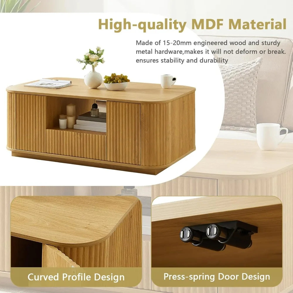 Modern Oval Coffee Table with Storage for Living Room, Fluted Design, 2 Drawers, Open Shelf, and 2 Compartments