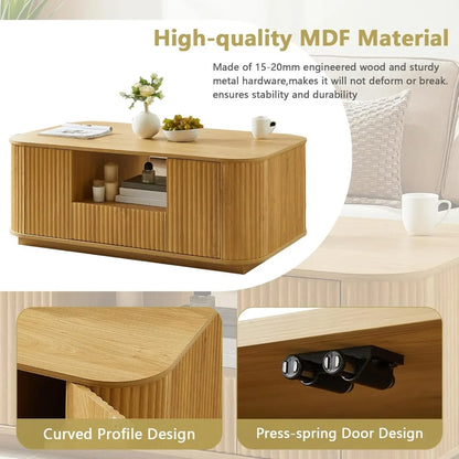 Modern Oval Coffee Table with Storage for Living Room, Fluted Design, 2 Drawers, Open Shelf, and 2 Compartments