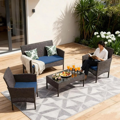 4-Piece Outdoor Patio Furniture Set, Wicker Rattan Chairs & Sofa with Cushions and Glass Coffee Table, Conversation Set for Back