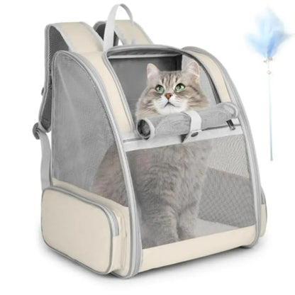 Cat Backpack Carrier, Large Pet Carrier Backpack with Kitten Wand Feather Toy for Medium Small Dog Cat Puppy Kitty Bunny up to