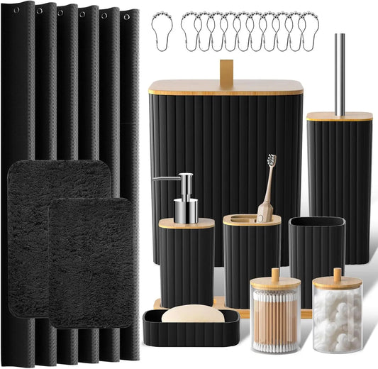 24PCS Black Bathroom Set. Shower Curtain, Rugs, Trash Can, Brush Holder, Soap Dispenser. Stylish & Functional.