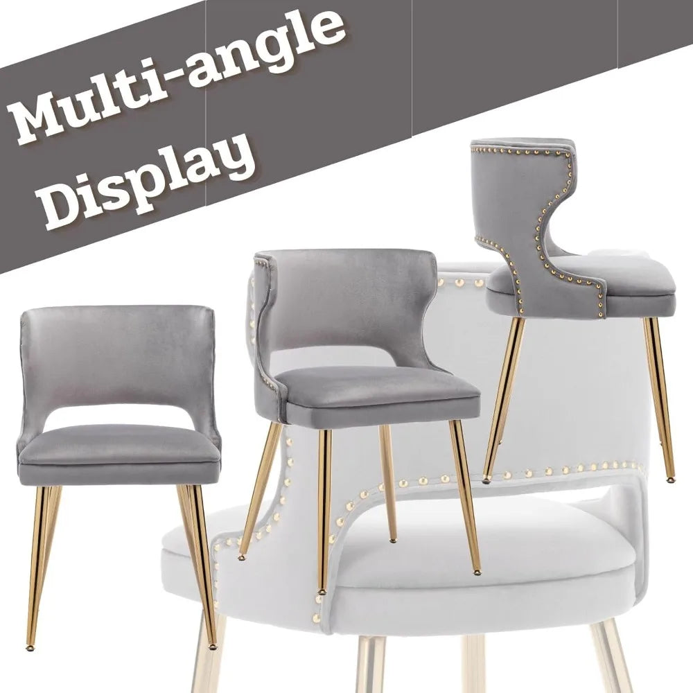 Grey Velvet Dining Chairs with Gold Legs Upholstered Dining Room Chairs Set of 2 Mid Century Modern Accent Chairs with Back Nail