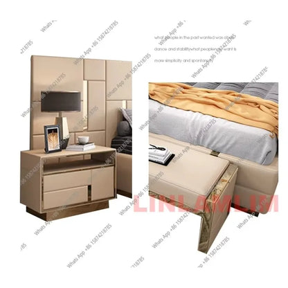 Luxury Modern King Size Bed With Soft Upholstered Headboard And Storage Nightstands - Genuine Leather Bedroom Furnitur