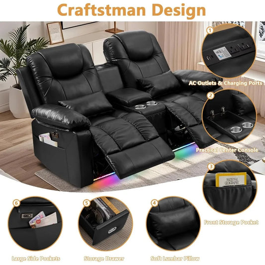 Power Reclining Sofa with LED Light for Living Room, Electric Double  Home Theater Seatings, Contemporary PU Leather