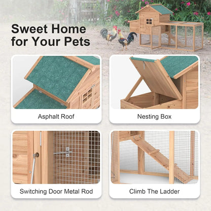 Outdoor Chicken Coop for 2-4 Chickens Wooden Hen House Poultry Pet Hutch Run Cage w/Waterproof Asphalt Roof, Ramp,, Customized