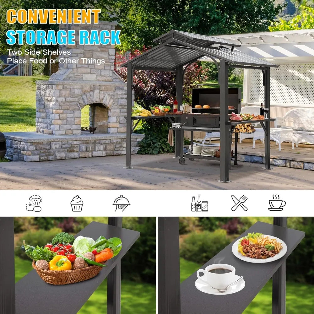8x5FT Hardtop Grill Gazebo with Double Steel Roof, Side Shelves & Ceiling Hooks for Outdoor BBQ Patio Garden Backyard