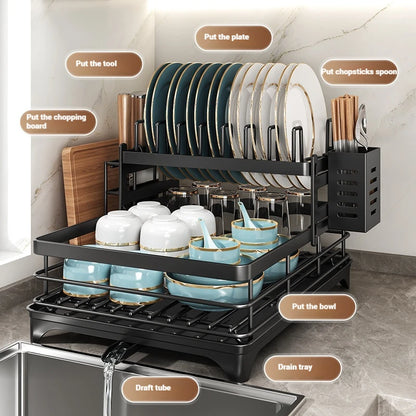 Stainless Steel Dish Drying Rack Adjustable Kitchen Plate Organizer with Drainboard Over Sink Plate Drainer Storage Organizer