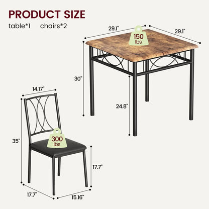 3-Piece Wood Dining Table Set for 2, Compact Square Kitchen Table Set with 2 Upholstered Chairs, Space-Saving Dining Table Set f