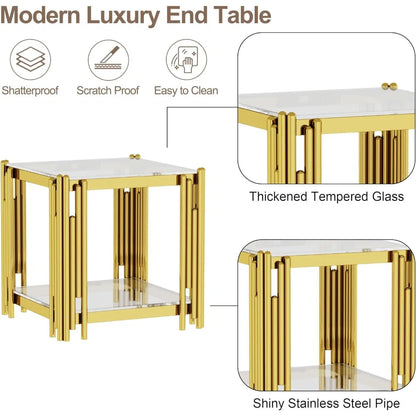 Modern Stainless Steel Leg Square Clear Tempered Glass End Table for Living Room and Sofa Side