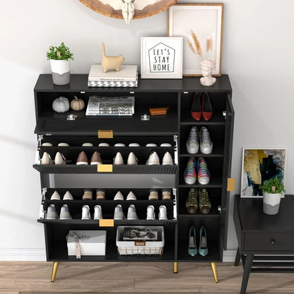 Shoe Storage Cabinet with 2 Flip Drawers Narrow Shoe Cabinet with Doors Freestanding Shoe Organizer Cabinet with Adjustable Shel