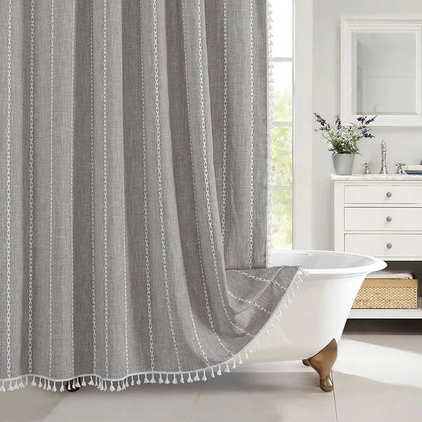 Nordic Jacquard Linen Shower Curtain with Tassels Waterproof Bath Curtains with Hooks for Bathroom Bathtub Bathing Cover