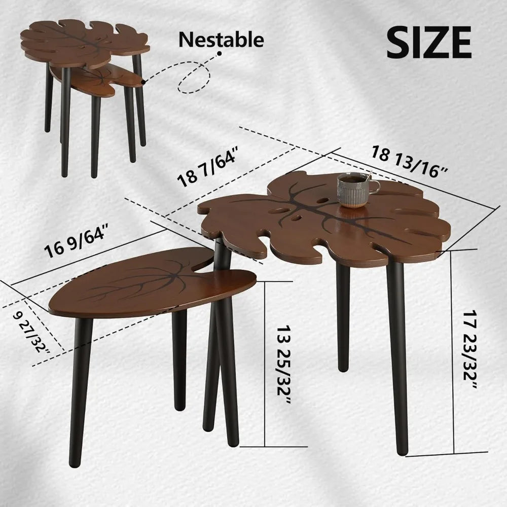 Leaf Nesting Tables Set of 2, Modern Wooden Coffee Side Tables for Living Room Bedroom