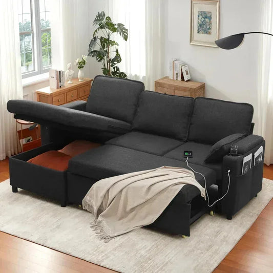 Sleeper Sofa Pullout Bed for Living Room.L Shaped Couch with Storage Chaise.USB.Cup Holder (Dark G