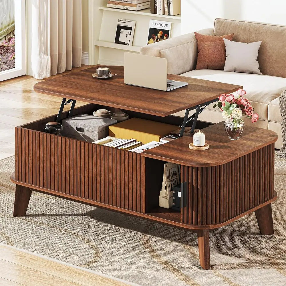 37.4 Modern Coffee Table with Storage, Sliding Door Walnut Living Room Furniture