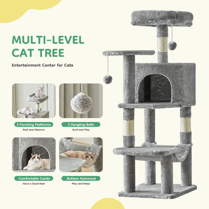 JHK 44in Tall Multi-Cat Climbing Cat Tree Tower for Pet Furniture Natural Sisal Scratching Posts Stable Pet House for Indoor Cat