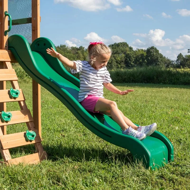 Wood Swing Set with Wave Slide, Play Deck, Rock Wall Ladder, Belt Swings, Chalkboard, Cano