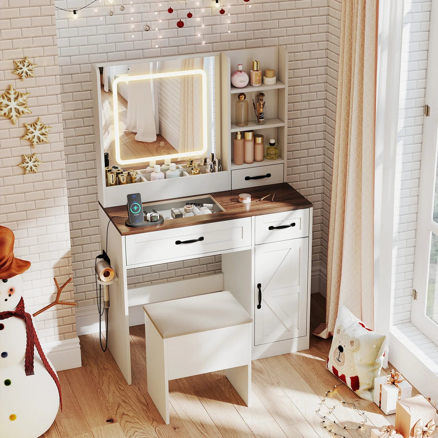 Vanity Desk w/ Mirror & Power Outlets Dressing Table w/ 3 Color lighting