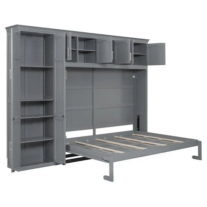 Gray Queen Murphy Bed with Cabinets, Space-Saving Wall Bed for Dual Functionality