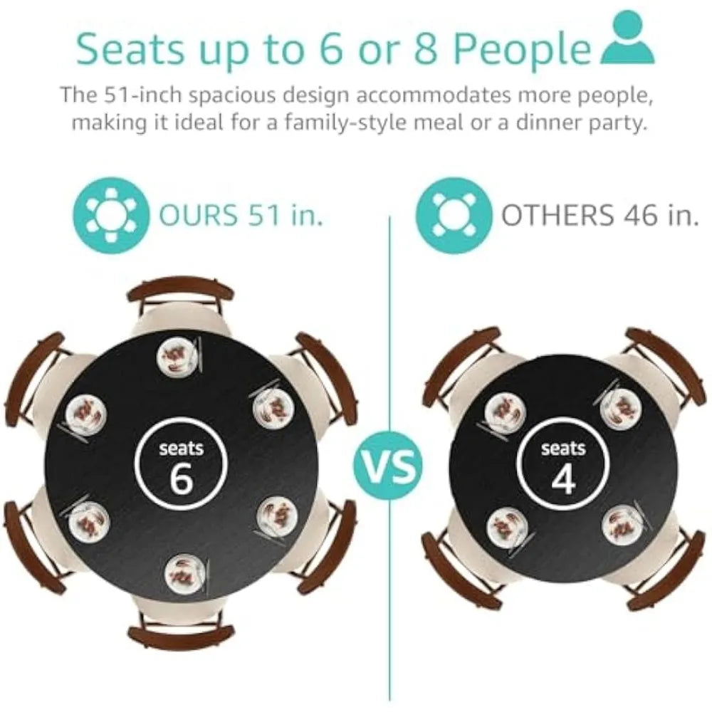 Black Round Dining Table for 6 - Modern Circle 51 Inch Large Room Kitchen Dinning Tables for 4 to 6 Person