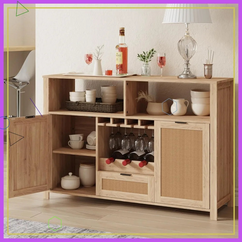 51" Rattan Buffet Cabinet with Wine Rack & Glass Holders, Farmhouse Sideboard for Living Room