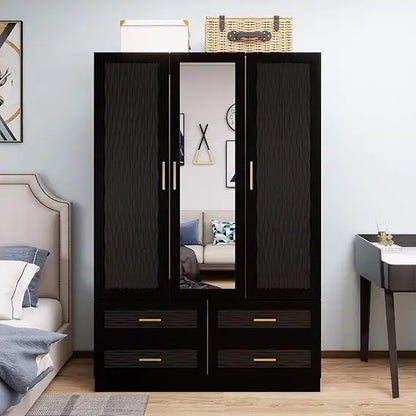 Wooden Armoire Wardrobe Closet：Large Wardrobe Closet with 4 Doors, 3 Drawers for Tall Cabinet, Wardrobe Cabinet for Bedroom with