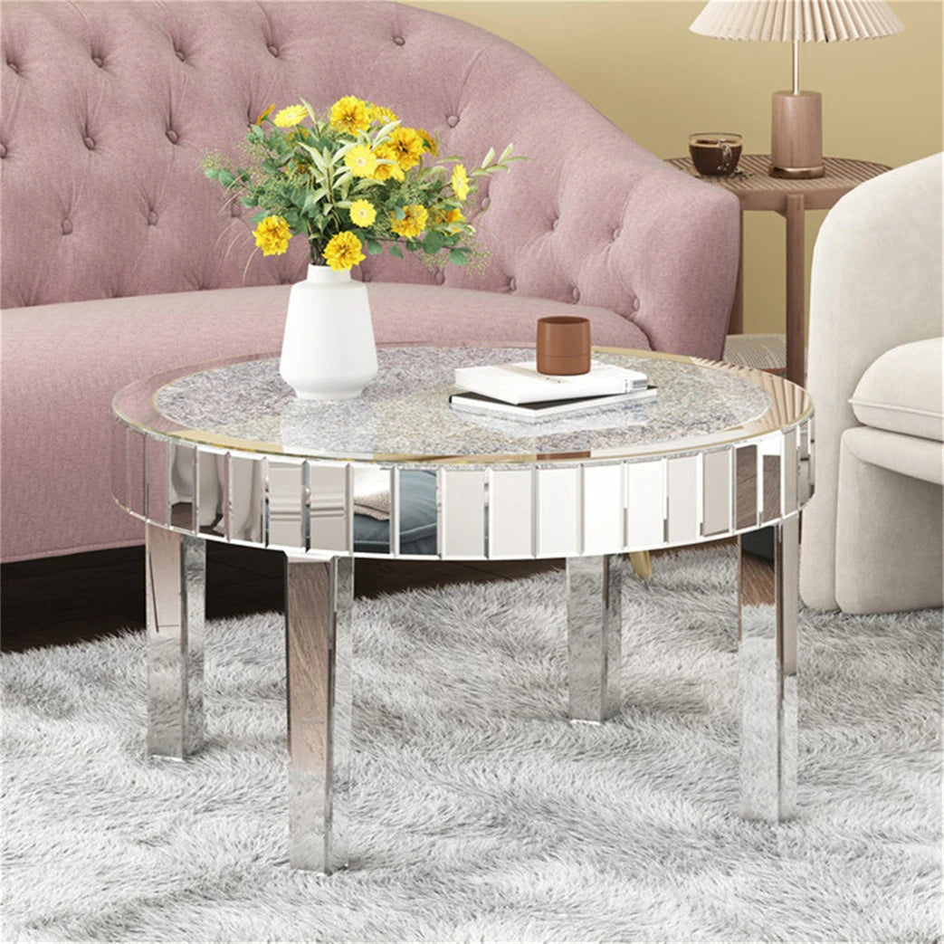 Large Round Mirrored Coffee Table Beveled Bling Crushed Diamond End Table
