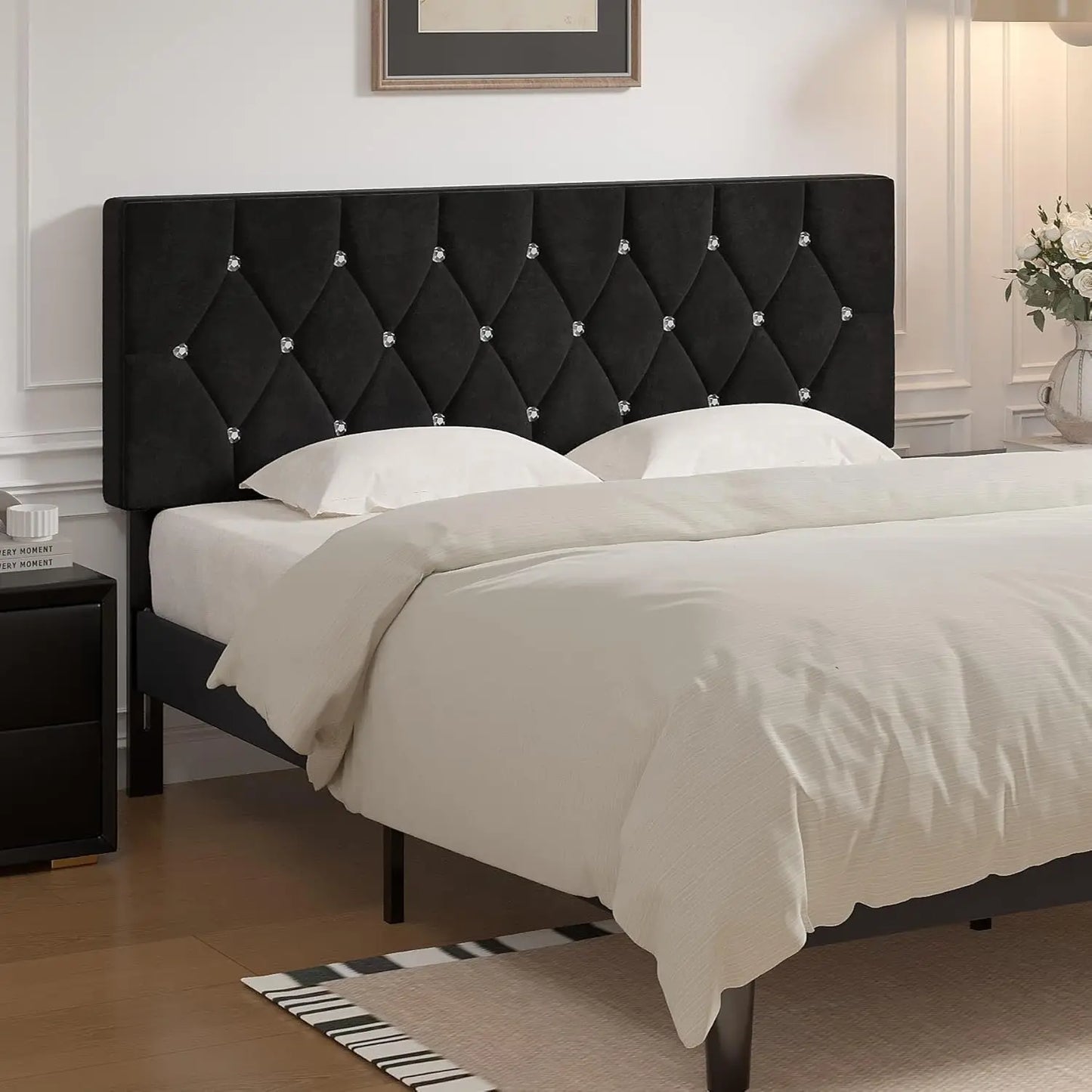 Queen Size Tufted Upholstered Headboard, Adjustable Height 39.8" to 49.8", Diamond Button Design, Easy Assembly in Classic Black