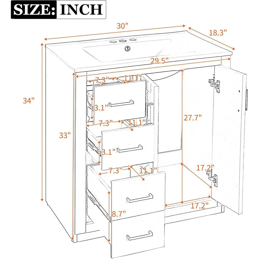 Herringbone Single Sink Bathroom Vanity, Freestanding 30" Modern Bathroom Vanity Storage Cabinet with 3 Drawers and 2 Doors, Sol