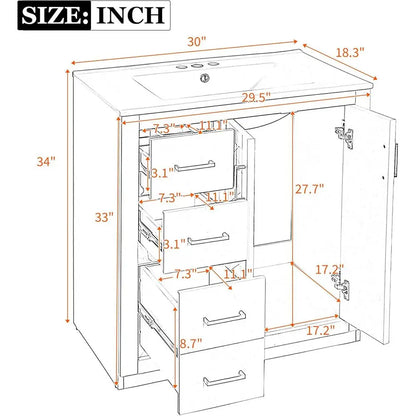 Herringbone Single Sink Bathroom Vanity, Freestanding 30" Modern Bathroom Vanity Storage Cabinet with 3 Drawers and 2 Doors, Sol