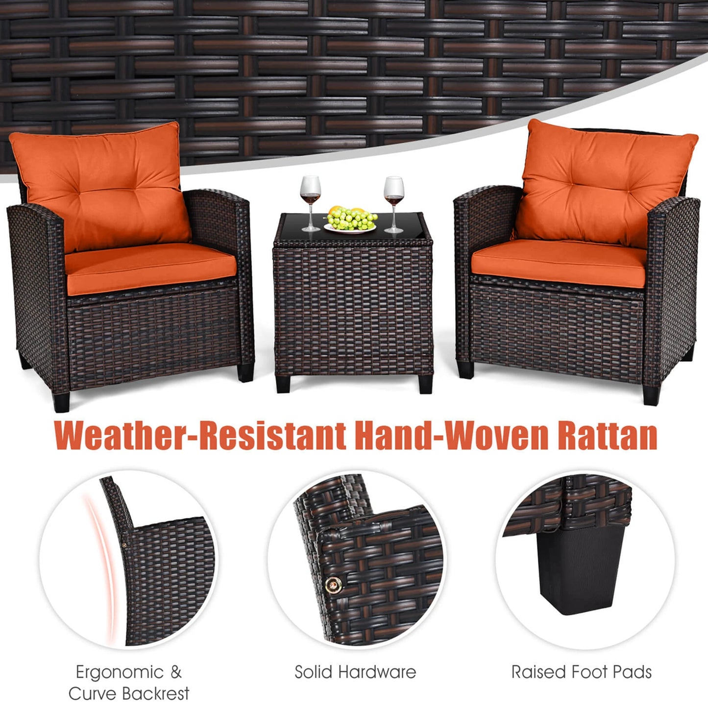 3 PCS Patio Rattan Furniture Set Cushioned Conversation Set  Orange