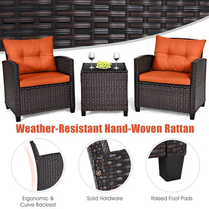 3 PCS Patio Rattan Furniture Set Cushioned Conversation Set  Orange