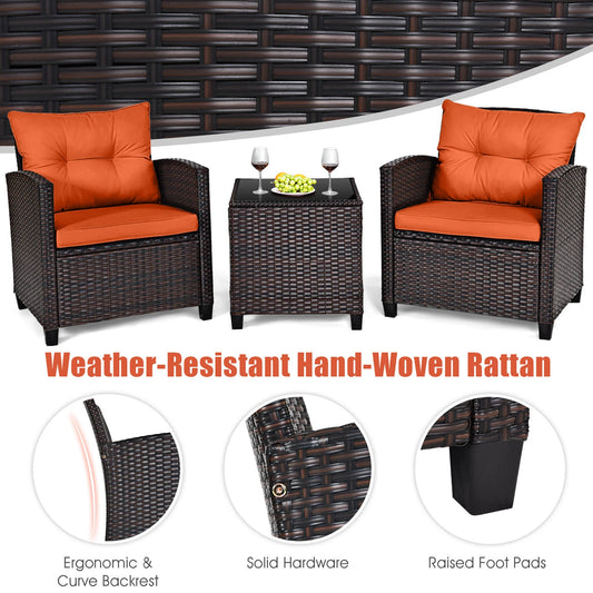 3 PCS Patio Rattan Furniture Set Cushioned Conversation Set  Orange
