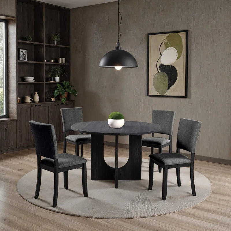 Contemporary 5-Piece Dining Set, Dark Gray Upholstered Fabric Chairs, Round Pedestal Table, 4 Side Chairs, Kitchen Dinette, Dining Room Furniture