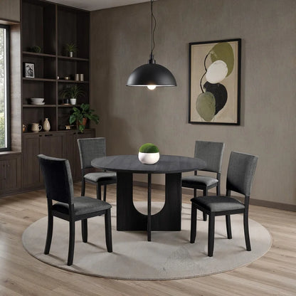 Contemporary 5-Piece Dining Set, Dark Gray Upholstered Fabric Chairs, Round Pedestal Table, 4 Side Chairs, Kitchen Dinette, Dining Room Furniture
