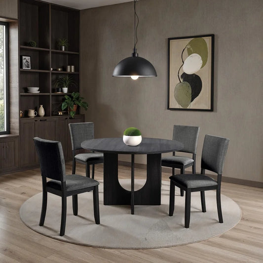 Contemporary 5-Piece Dining Set, Dark Gray Upholstered Fabric Chairs, Round Pedestal Table, 4 Side Chairs, Kitchen Dinette, Dining Room Furniture