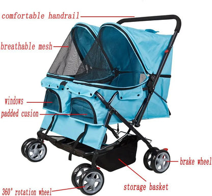Double Pet Stroller, Foldable Double Dog Stroller for 2 Dogs Cats with 4 Wheels, Twin Walk Jogger Travel Pet Carriage Cart