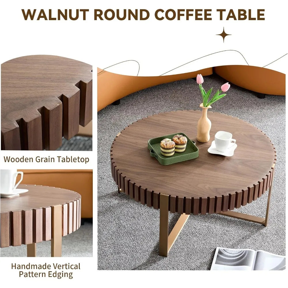 31.5'' Round Coffee Table for Living Room, Solid Wood Handcraft Drum Coffee Table, Wooden Felief Coffee Table, Stainless Steel
