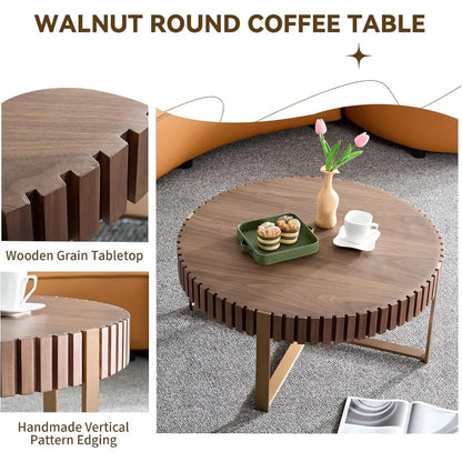 31.5'' Round Coffee Table for Living Room, Solid Wood Handcraft Drum Coffee Table, Wooden Felief Coffee Table, Stainless Steel